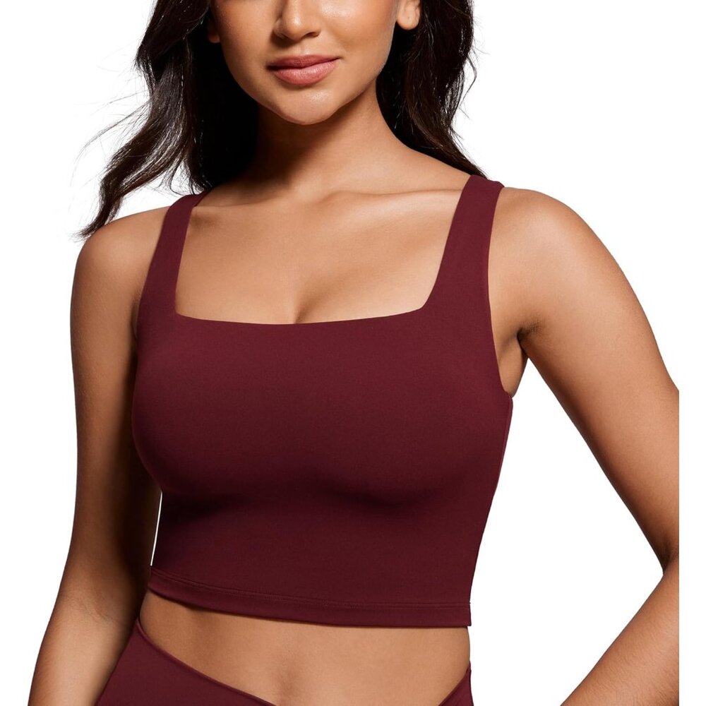 〽️Women's Red Merlot Sleeveless Pullover Square Neck Sports Padded Crop Tank Top